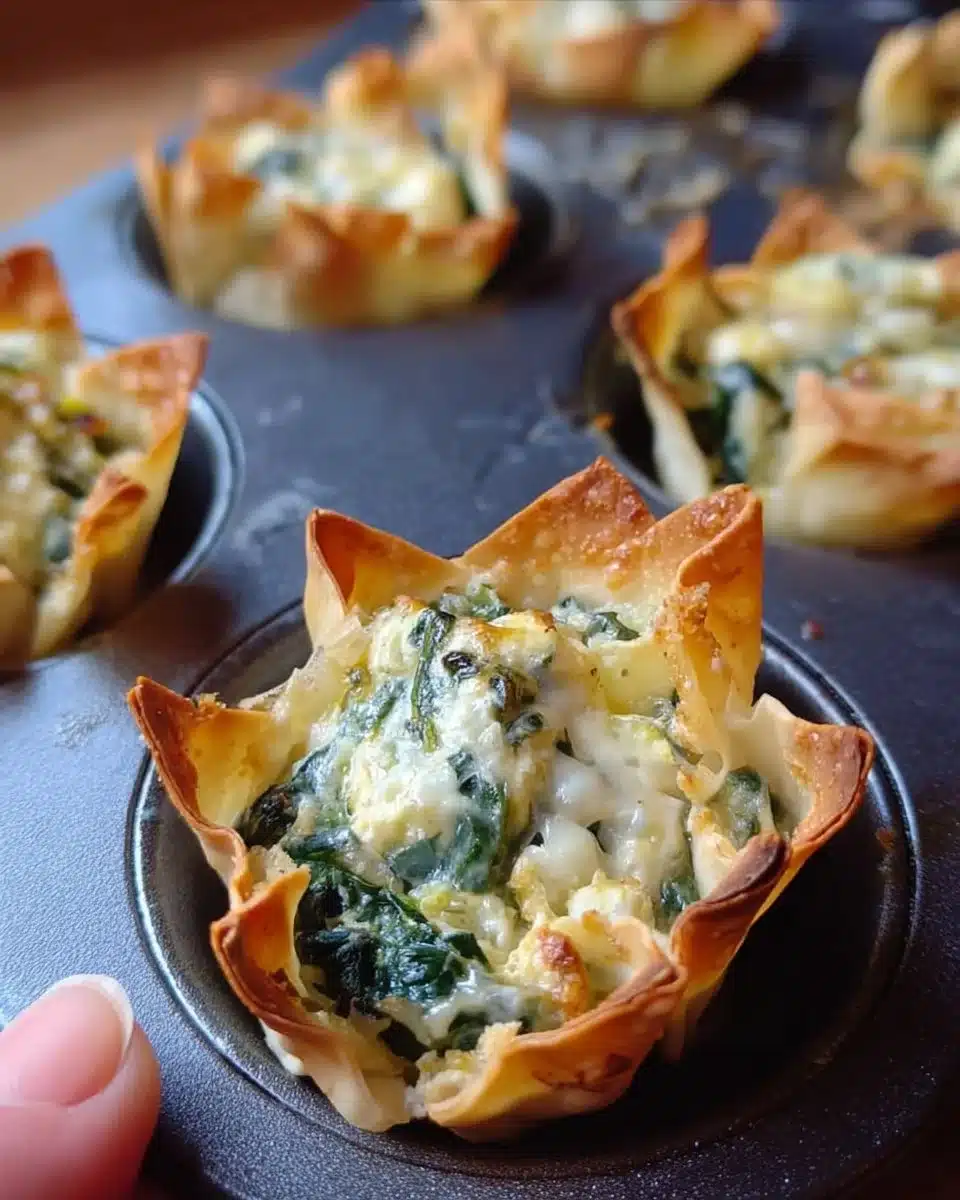 Spinach and Artichoke Wonton Cups served on a platter