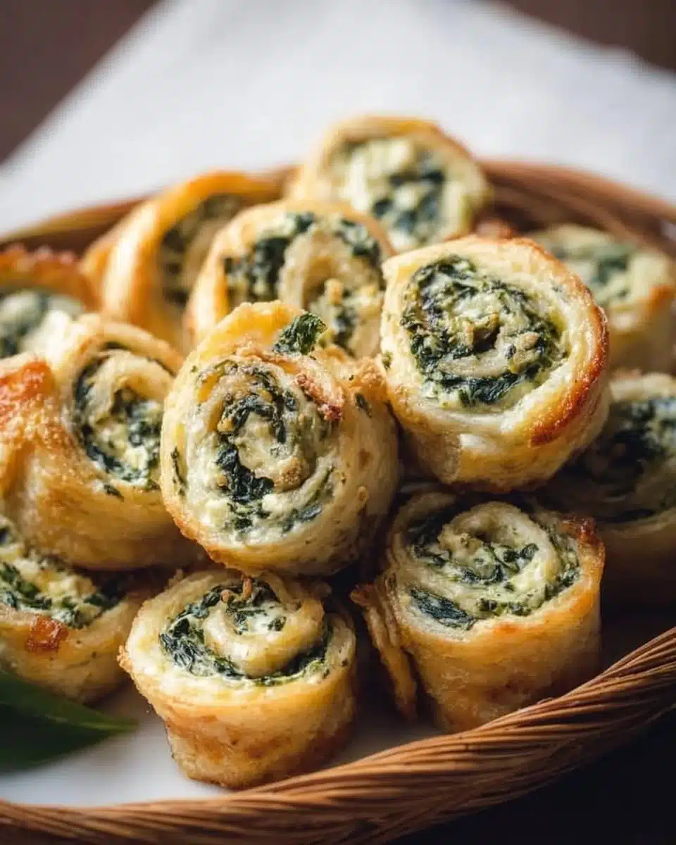 Bite-sized pinwheels filled with creamy spinach dip for party snacks