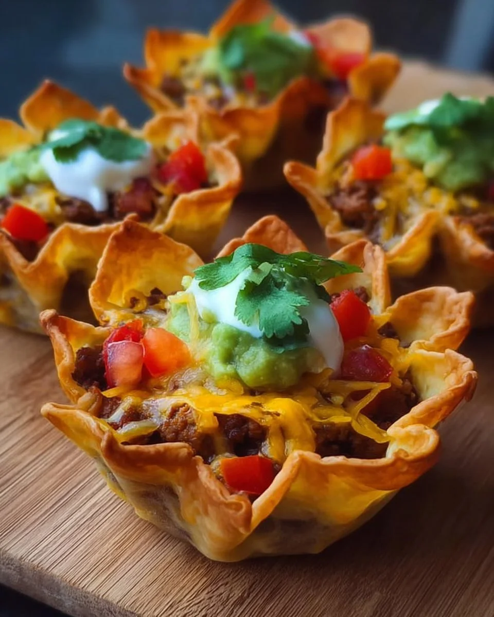 Plate of flavorful taco cups garnished with fresh toppings
