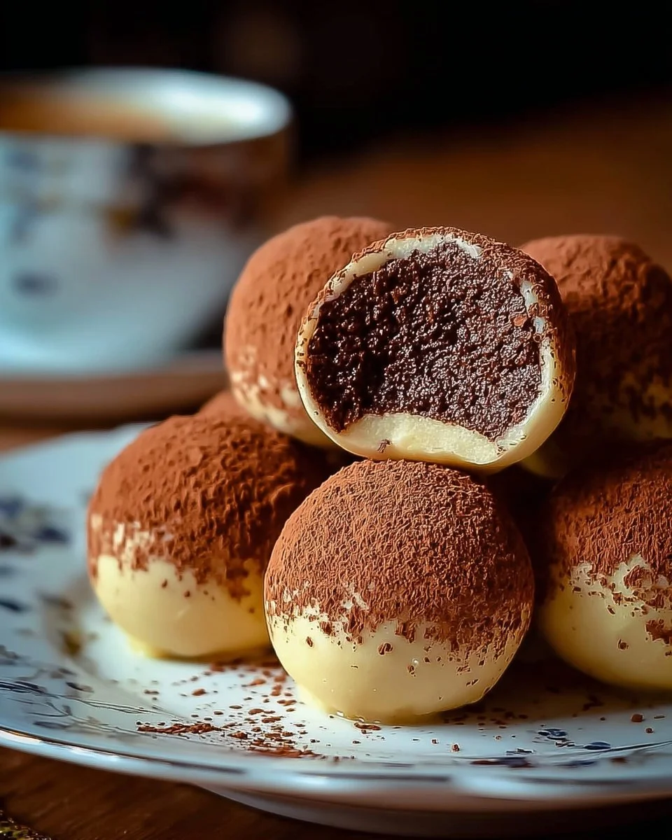 Homemade tiramisu truffles on a plate with cocoa dusting