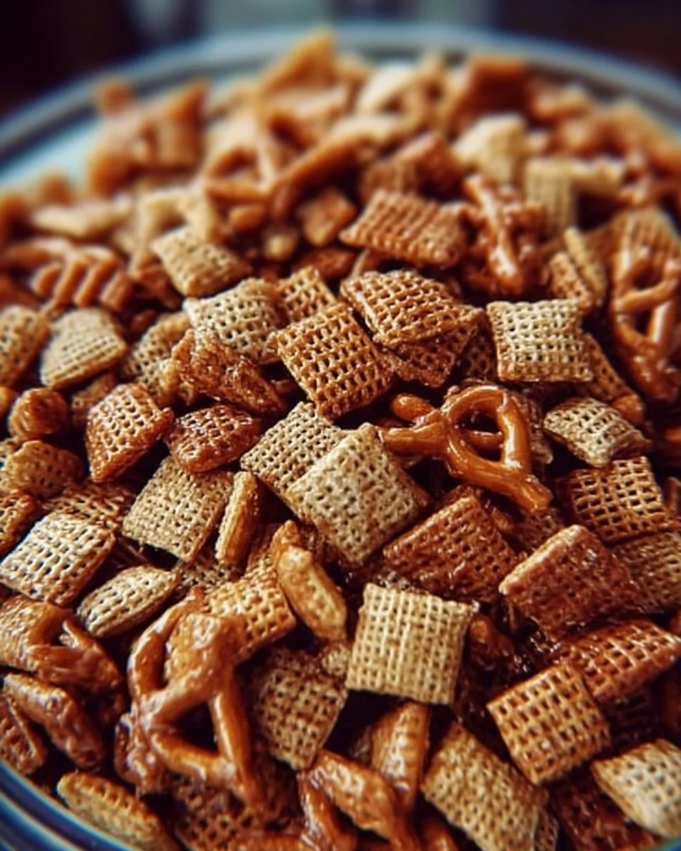 Delicious Toffee Chex Mix with chocolate and nuts in a bowl