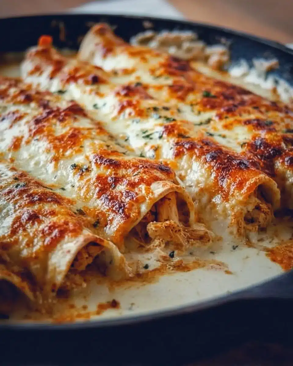 38g Protein Chicken Enchiladas with Dreamy White Sauce plated on a table