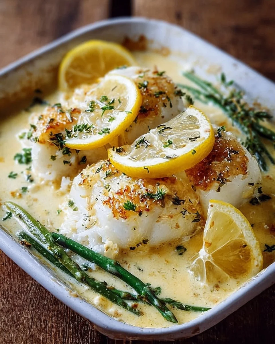 Baked cod fillet in coconut lemon cream sauce garnished with herbs