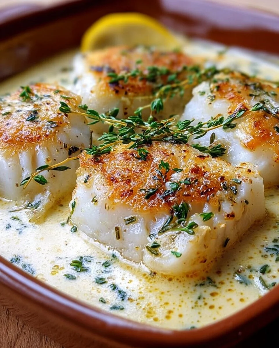 Baked cod with coconut lemon cream sauce garnished with fresh herbs