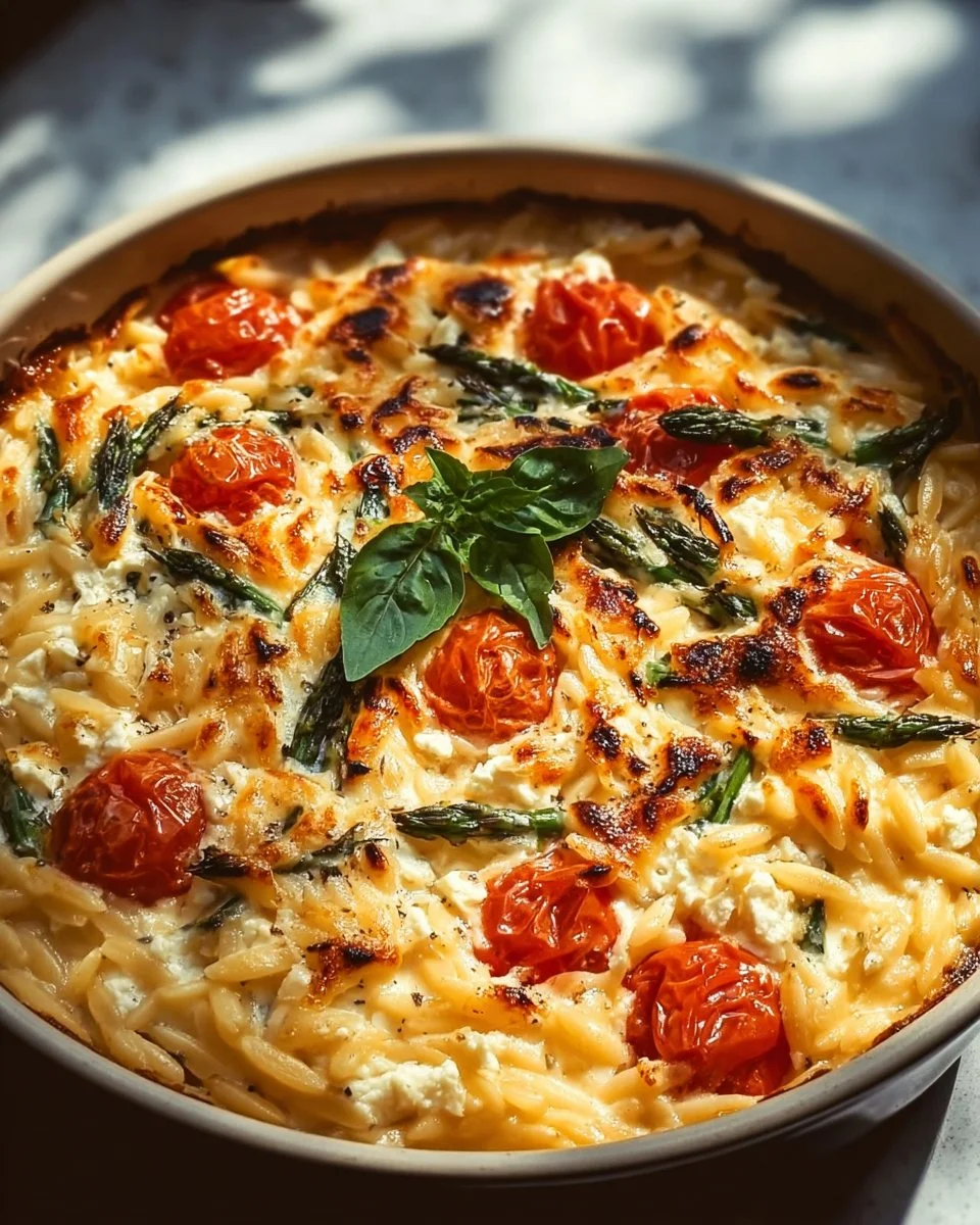 Delicious baked feta orzo topped with fresh herbs and cherry tomatoes