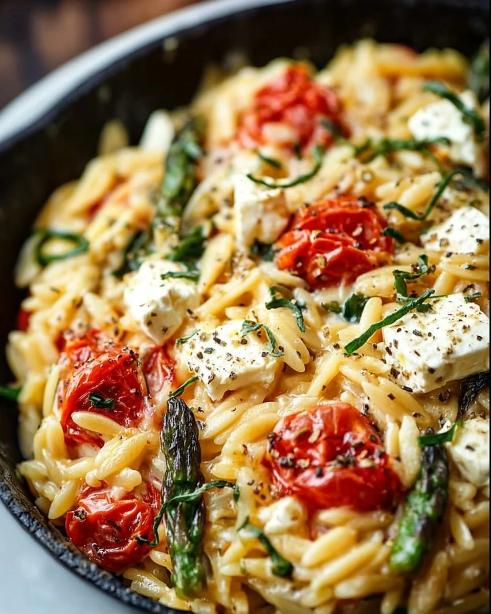 Baked feta orzo dish topped with fresh herbs and cheese