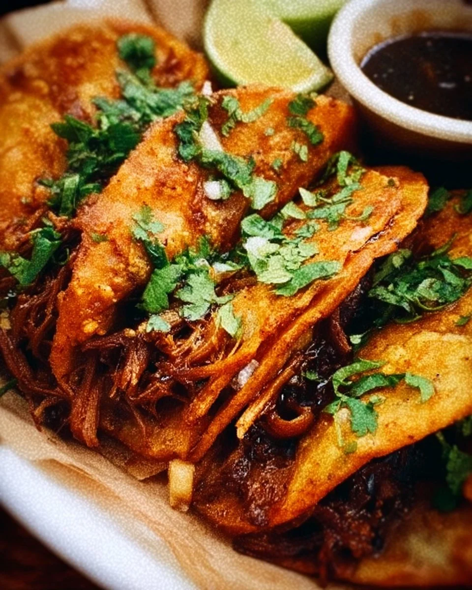 Cheesy Beef Birria Tacos served with flavorful consomme