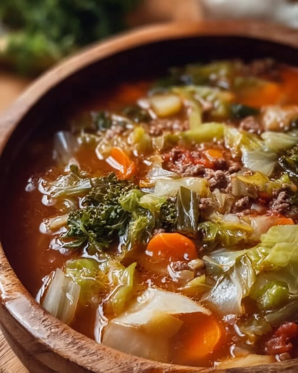 Bowl of delicious homemade cabbage soup with fresh vegetables
