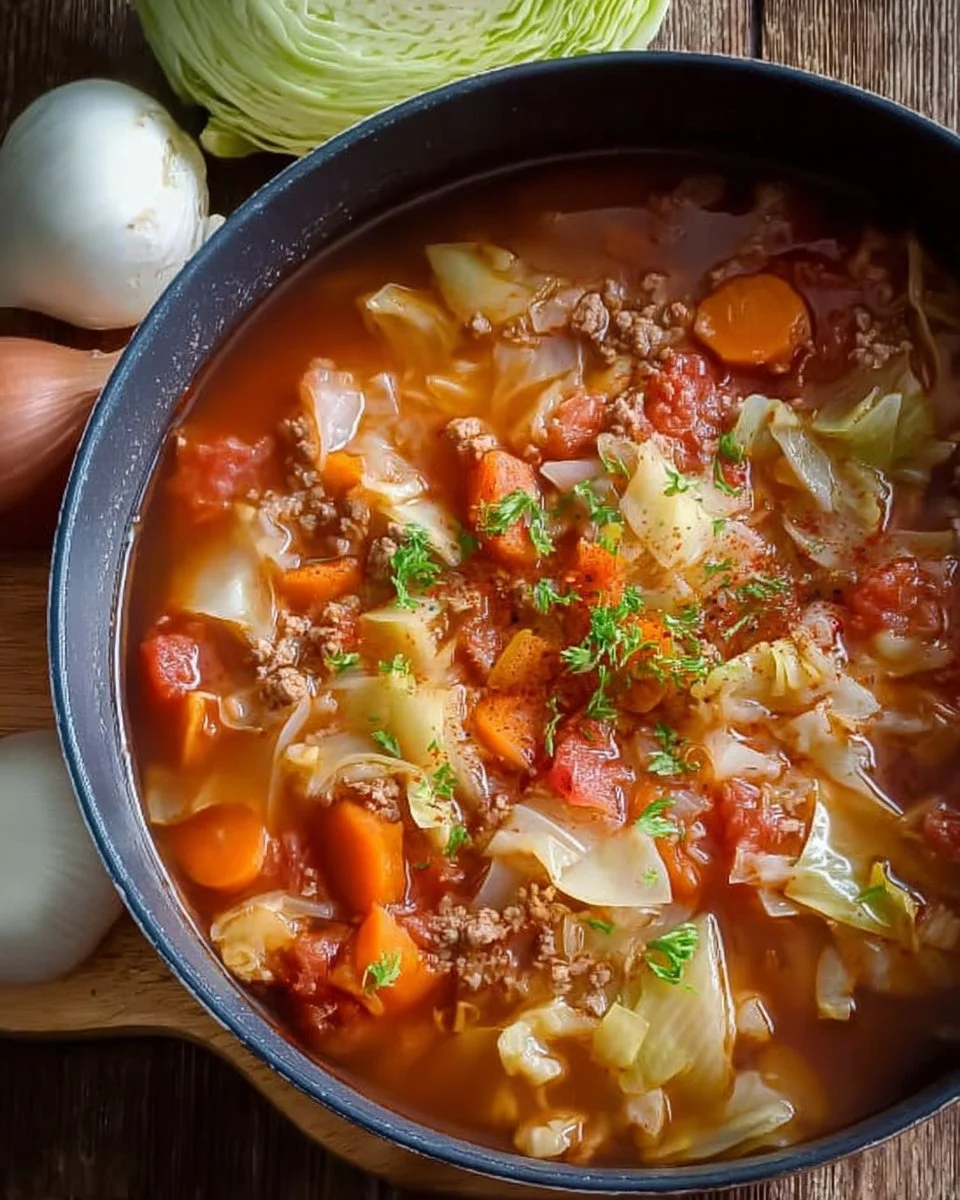 A bowl of healthy and delicious cabbage soup garnished with herbs.
