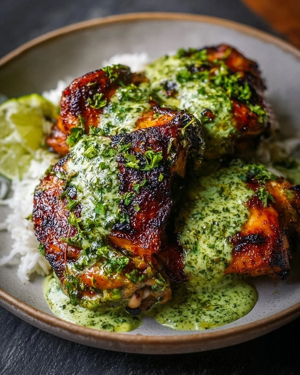 Plate of best Peruvian chicken with creamy green sauce garnished with herbs