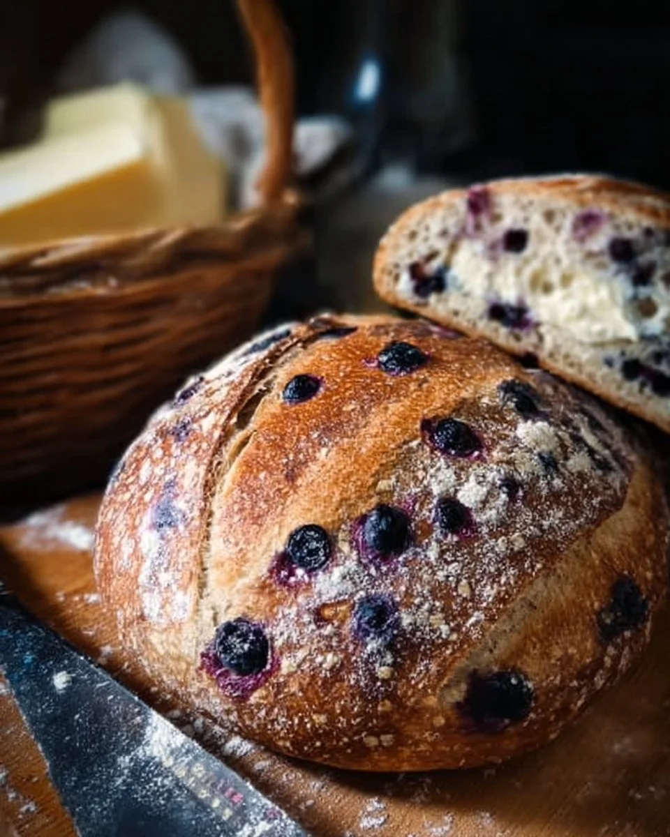 Blueberry lemon cream cheese sourdough bread loaf with fresh blue berries