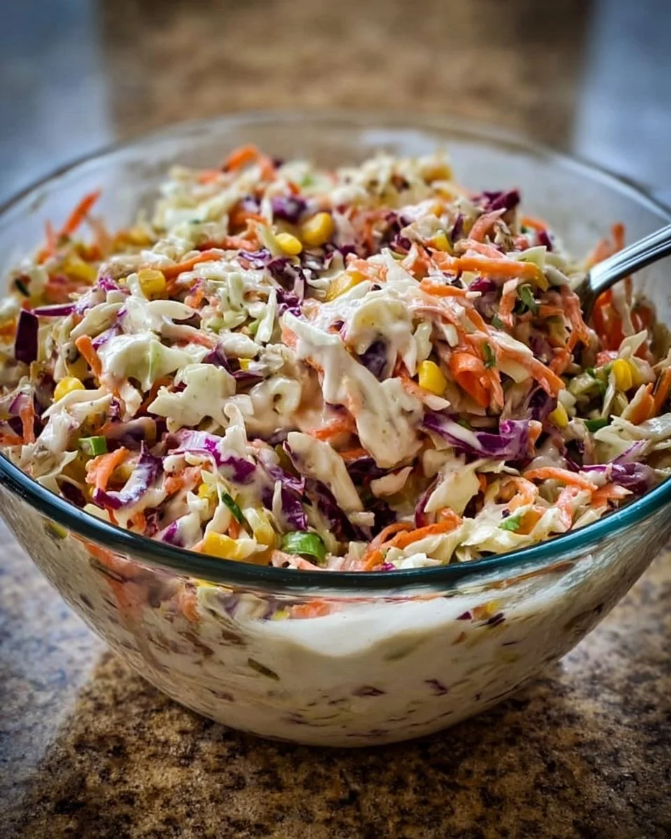 Bowl of bold flavor-packed coleslaw with vibrant vegetables and dressing