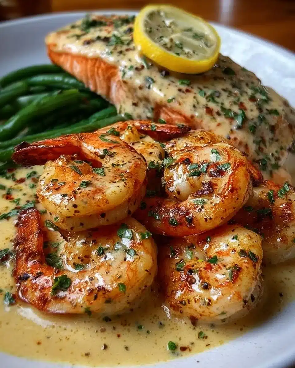 Cajun shrimp and salmon served in a garlic cream sauce