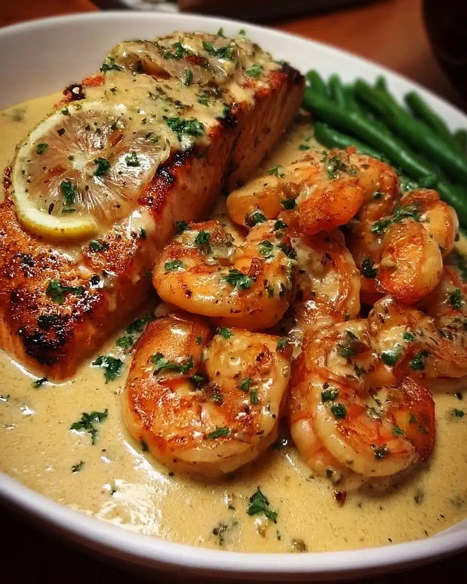 Cajun shrimp and salmon in garlic cream sauce served on a plate