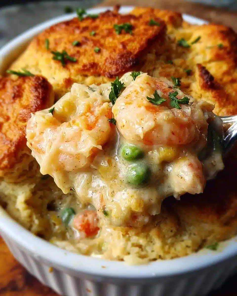 Delicious Cheddar Bay Biscuit Seafood Pot Pie served in a rustic dish.