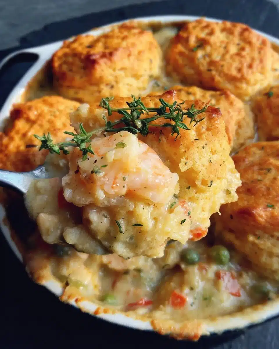 Delicious Cheddar Bay Biscuit Seafood Pot Pie filled with creamy seafood filling