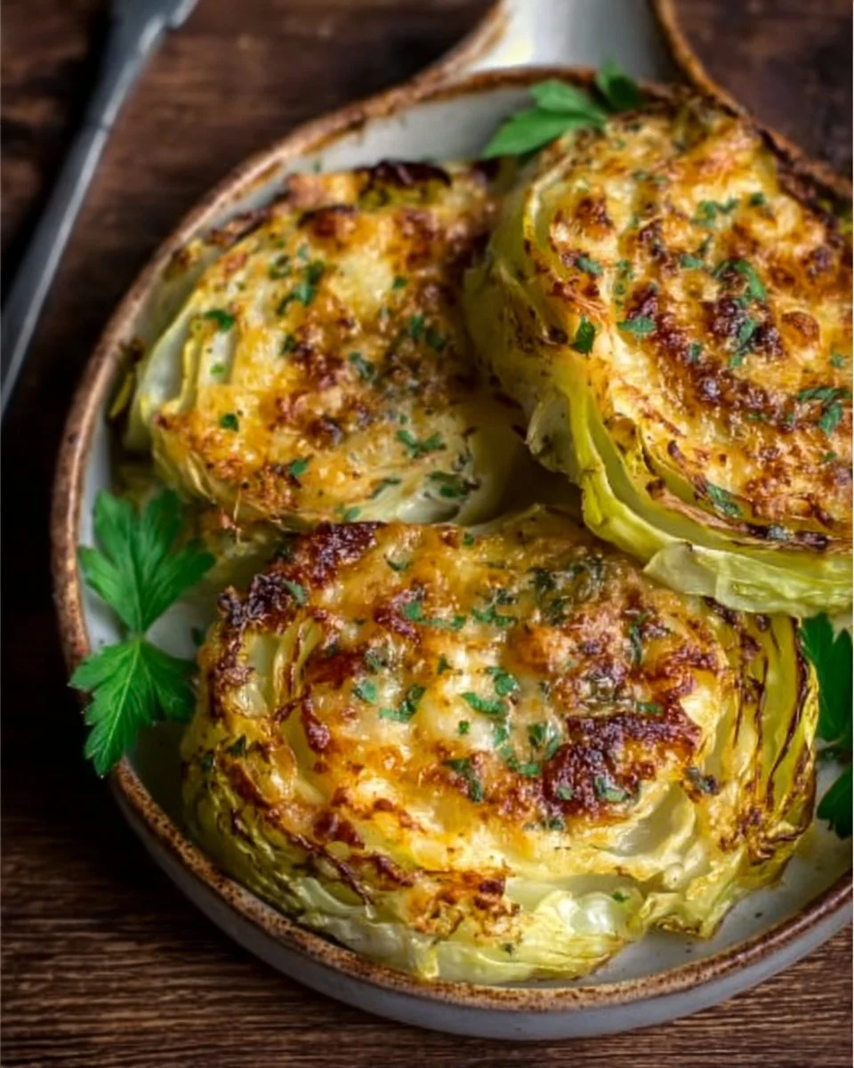 Cheesy baked cabbage steaks garnished and ready to serve