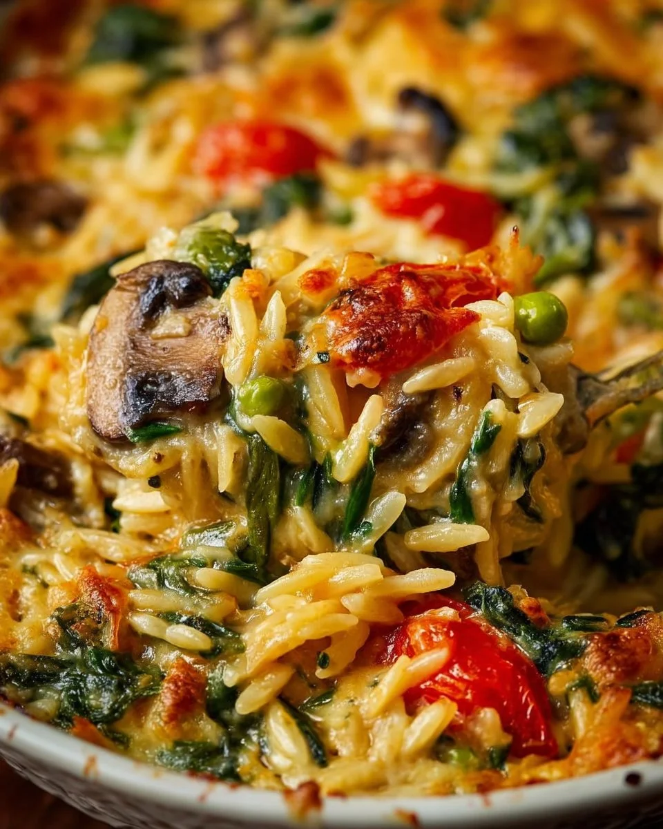 Cheesy baked orzo with colorful vegetables in a casserole dish