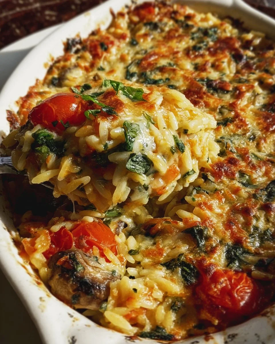 Cheesy baked orzo with colorful vegetables in a casserole dish
