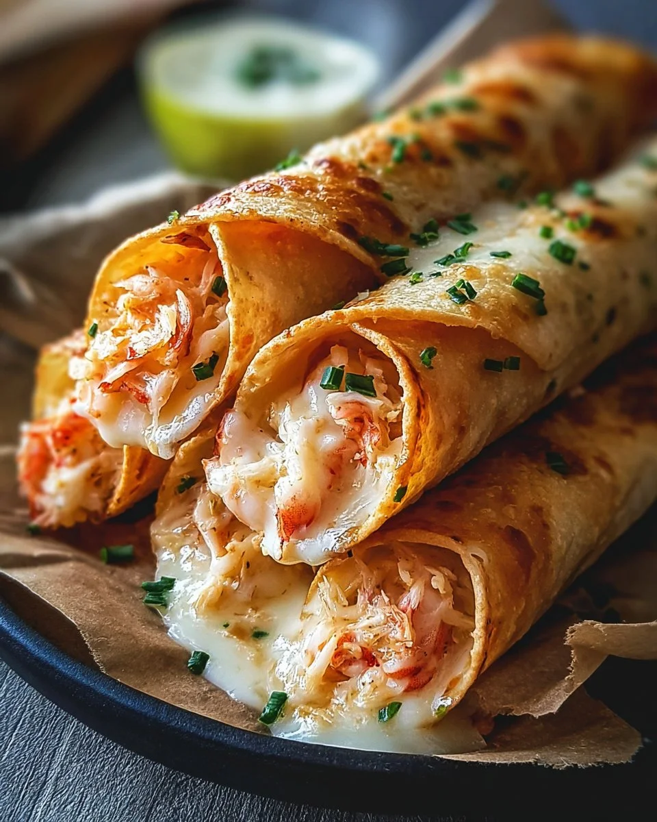 Cheesy crab and shrimp taquitos served on a plate with toppings