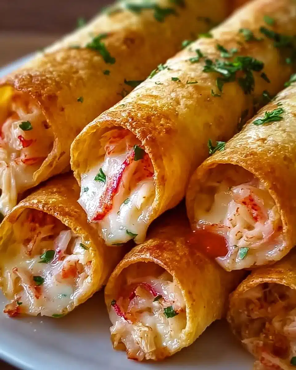 Delicious Cheesy Crab and Shrimp Taquitos served with fresh garnishes