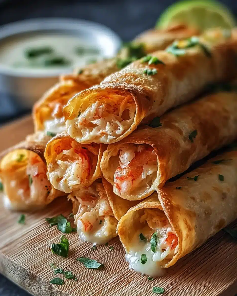 Cheesy crab and shrimp taquitos served on a plate, garnished with fresh herbs.