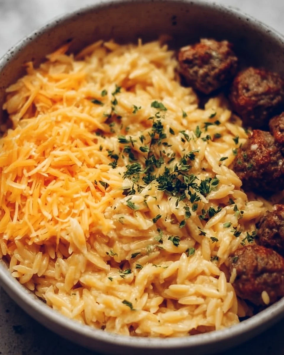 A bowl of cheesy orzo pasta with melted cheese and herbs garnishing the top