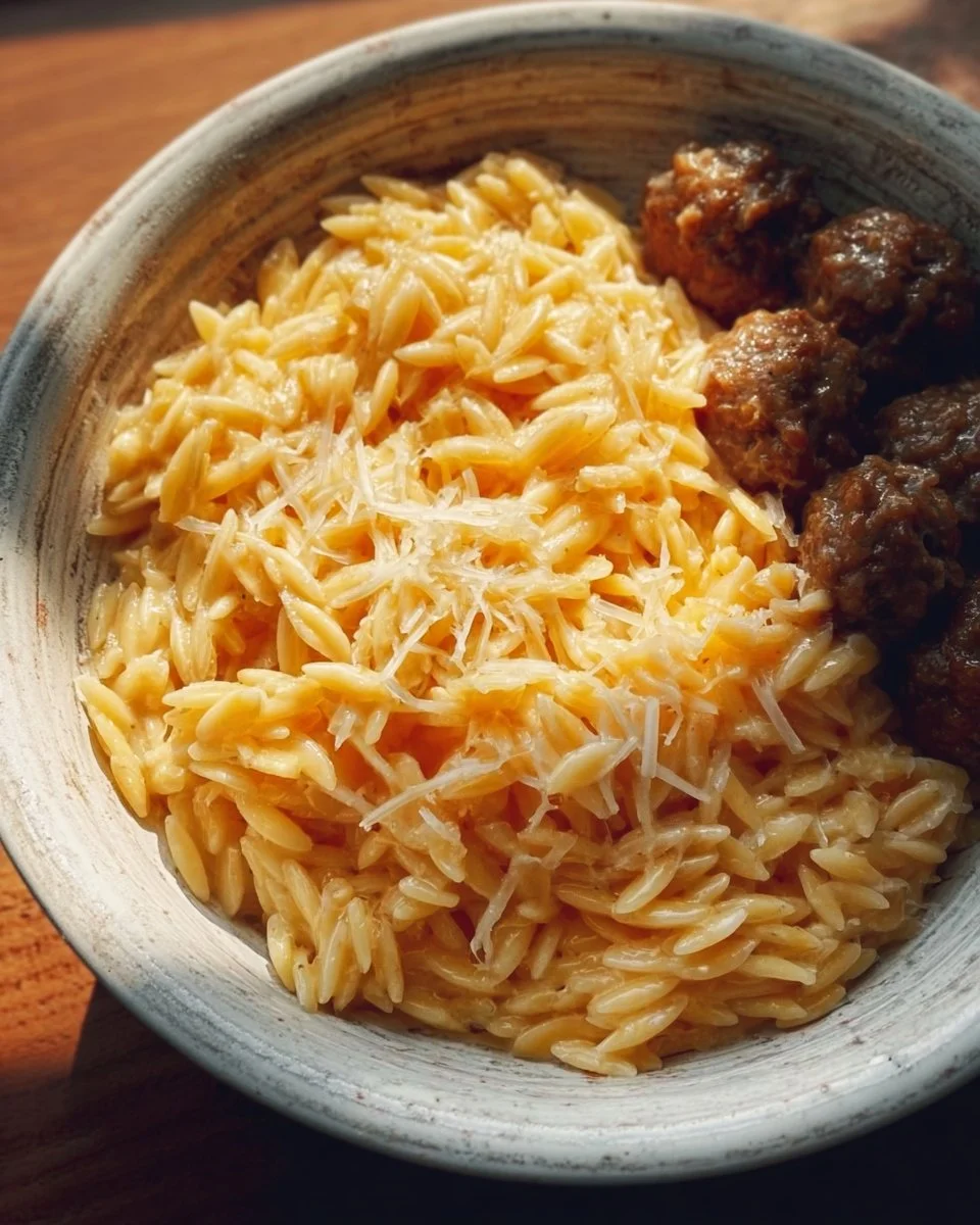 Delicious cheesy orzo pasta topped with herbs and cheese in a bowl.
