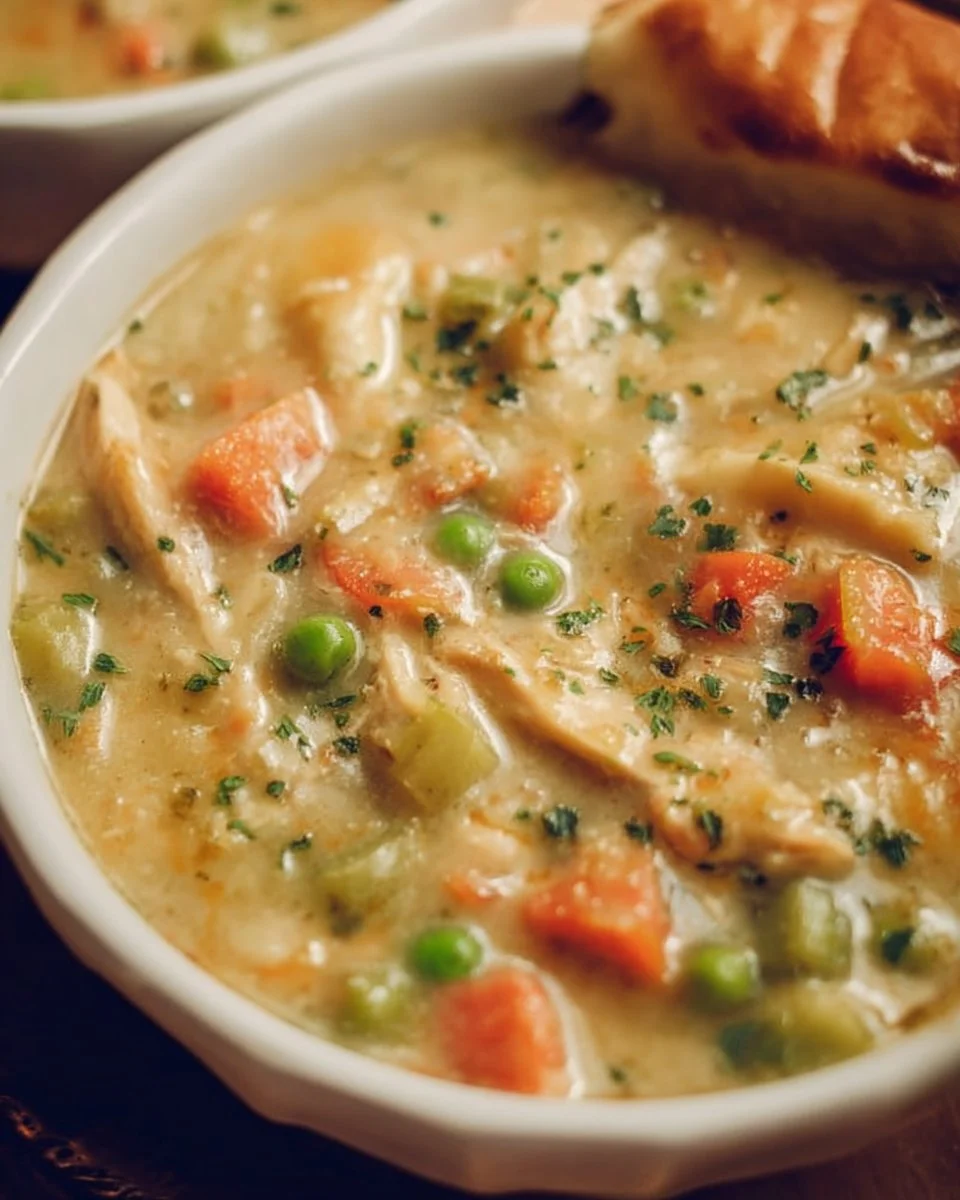 Delicious Chicken Pot Pie Soup served in a bowl, garnished with fresh herbs