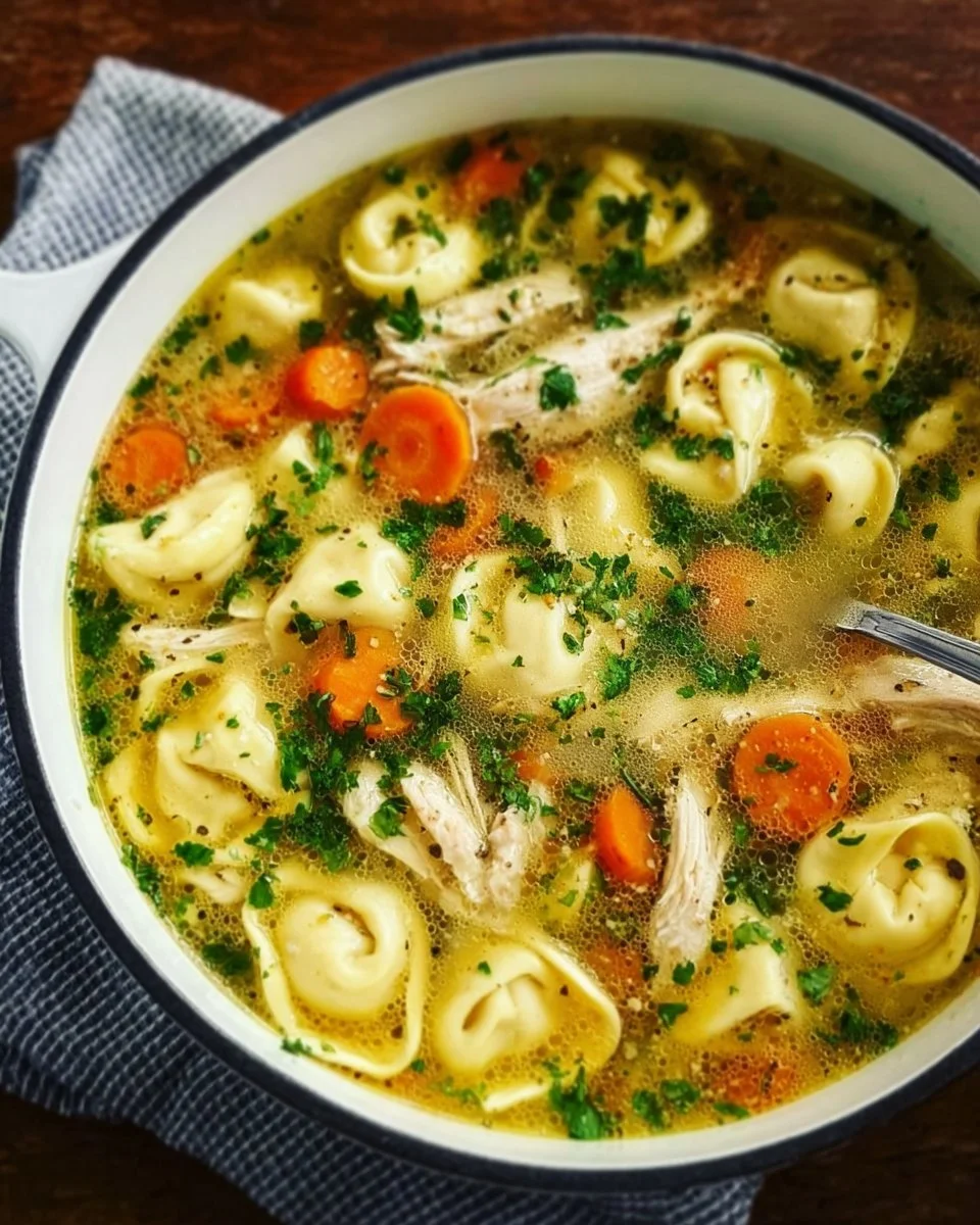 Delicious bowl of Chicken Tortellini Soup garnished with herbs