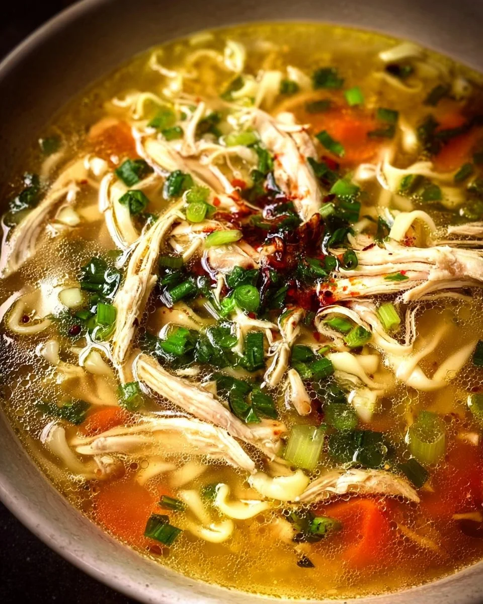 Bowl of Classic Ginger Garlic Chicken Noodle Soup garnished with herbs