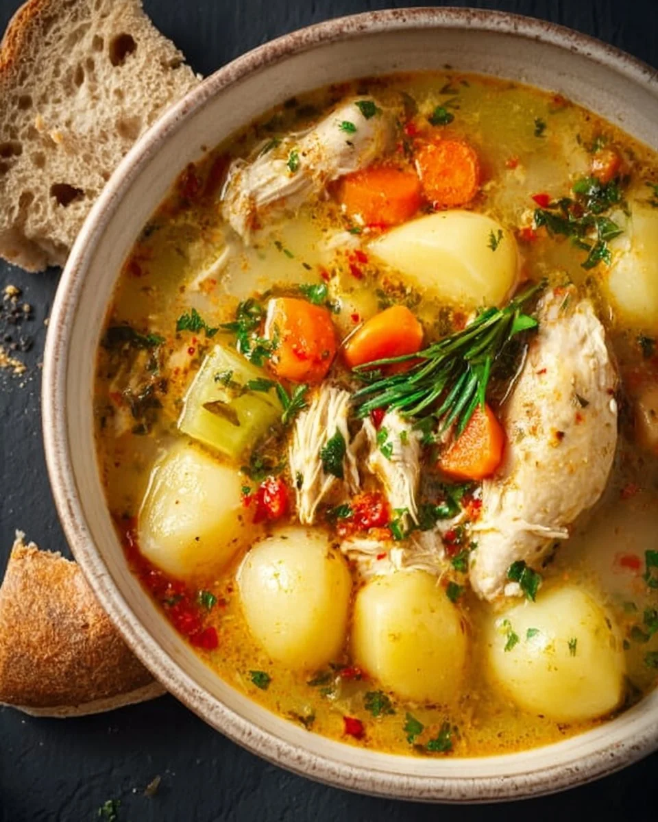 Bowl of comforting chicken soup with potatoes and herbs.