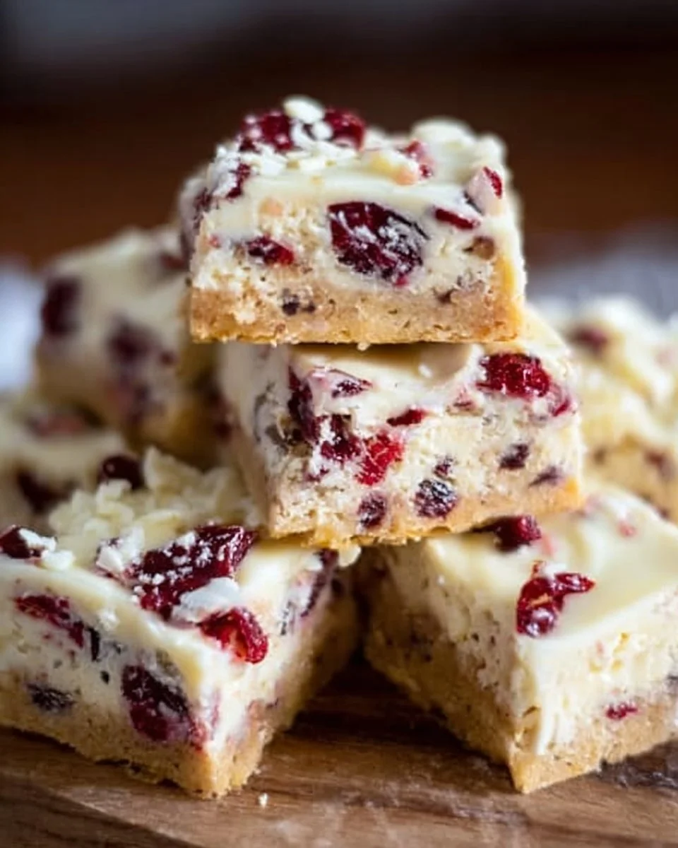 Cranberry Bliss Bars topped with cream cheese frosting and dried cranberries