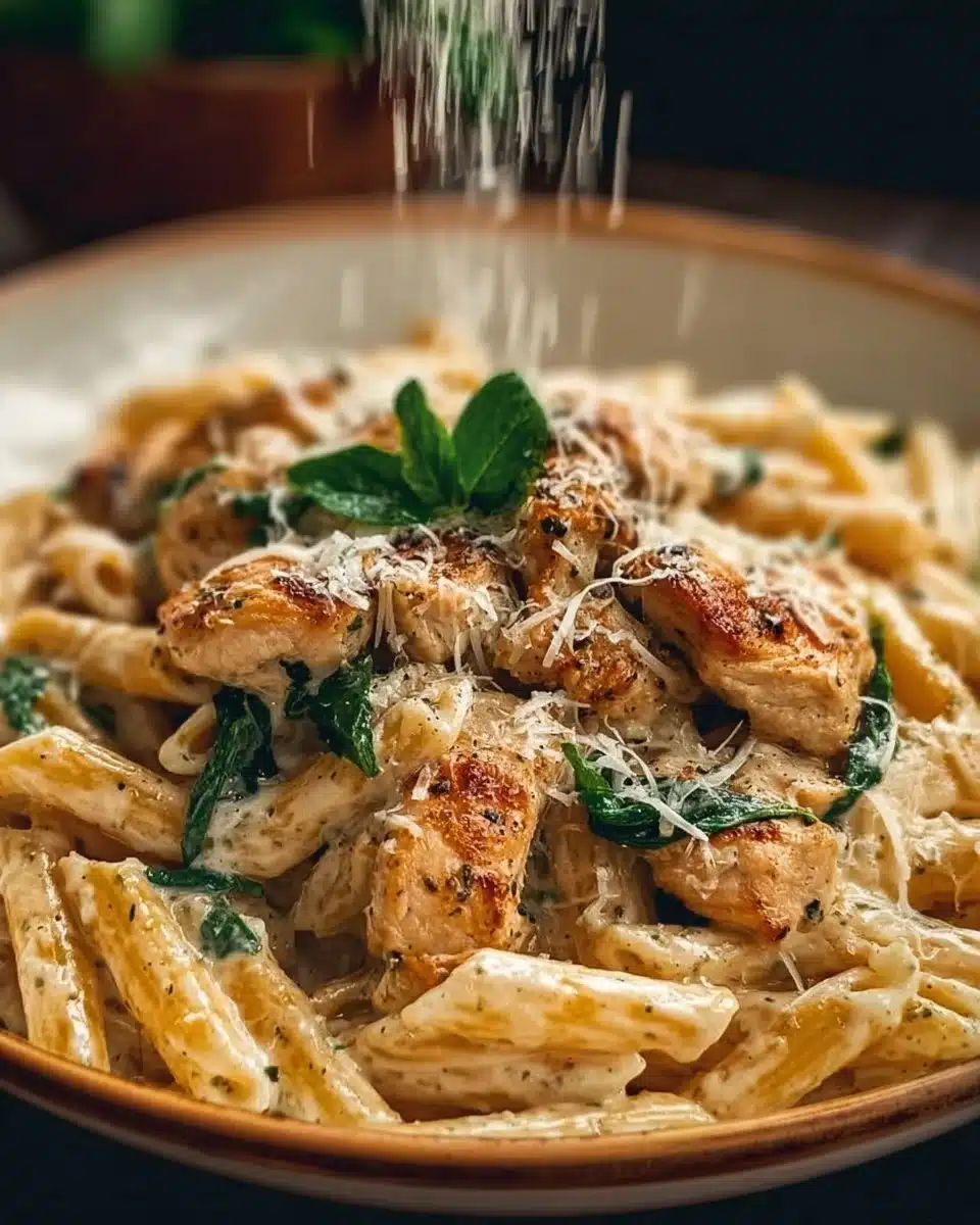 Creamy Garlic Parmesan Chicken Pasta garnished with herbs and parmesan cheese