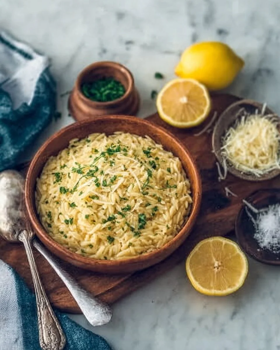 Creamy Lemon Parmesan Orzo dish garnished with fresh herbs