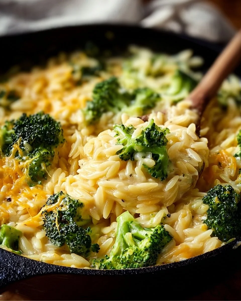 Creamy one-pot broccoli cheddar orzo dish served in a bowl