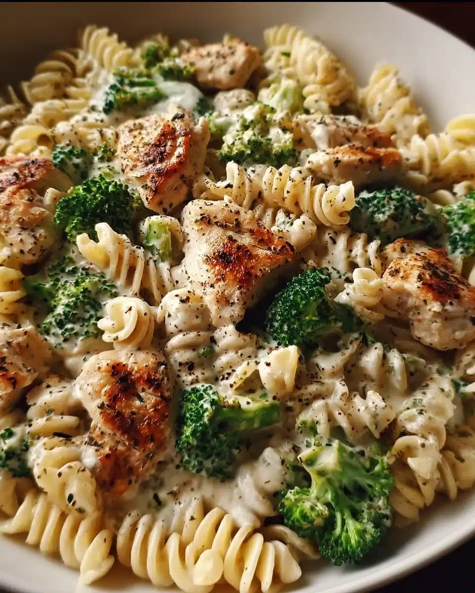 Creamy rotisserie chicken pasta with broccoli in a bowl