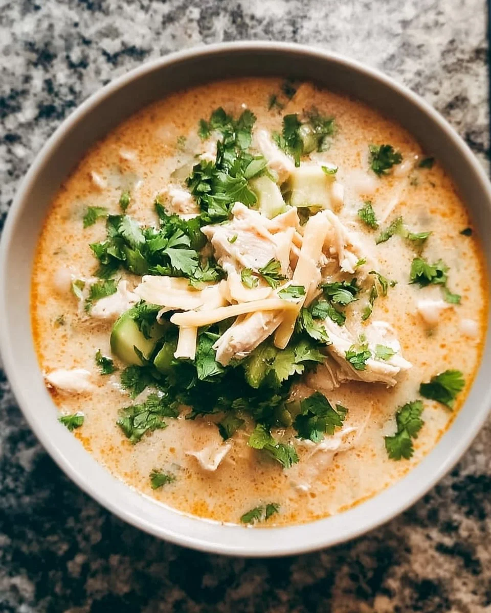 Bowl of creamy white chicken chili topped with cilantro and avocado