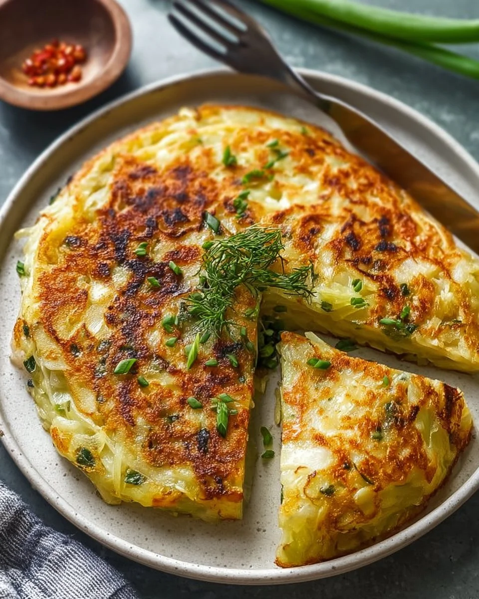 Golden crispy cabbage pancake served on a plate with dipping sauce.