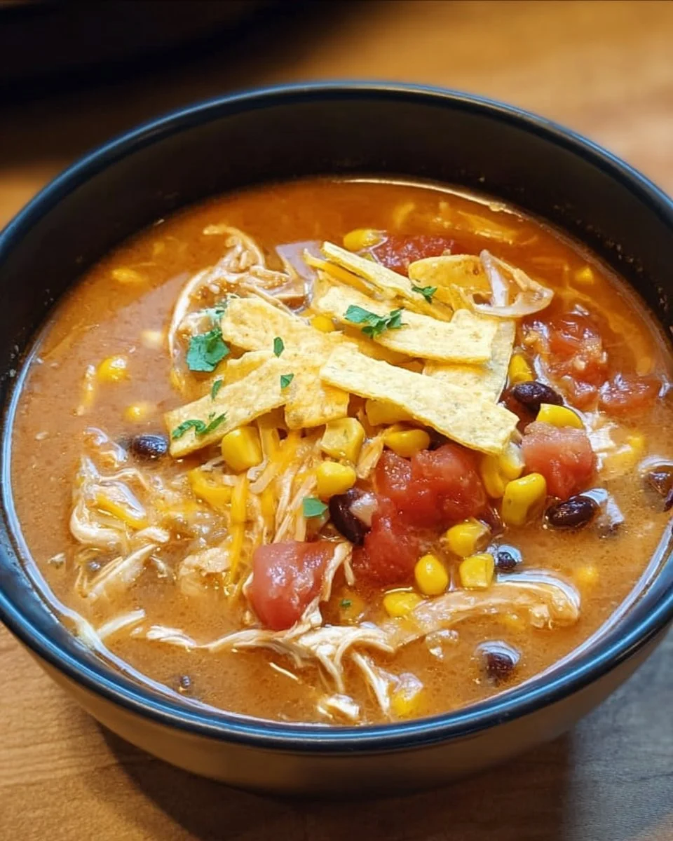 Bowl of hearty Crockpot Chicken Tortilla Soup topped with tortilla strips and cilantro.