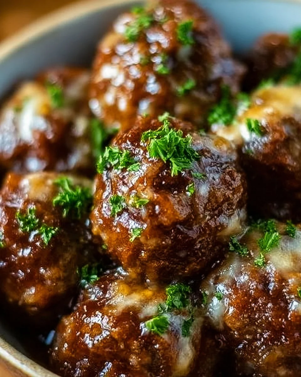 Crockpot French Onion Meatballs with melted cheese and caramelized onions