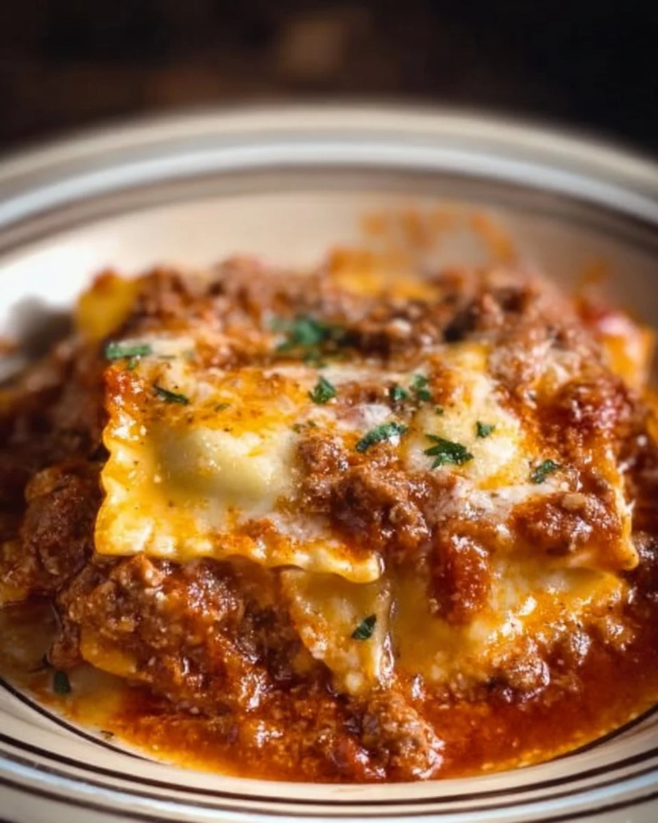 Delicious Crockpot Ravioli Lasagna served in a bowl, perfect for comfort food lovers