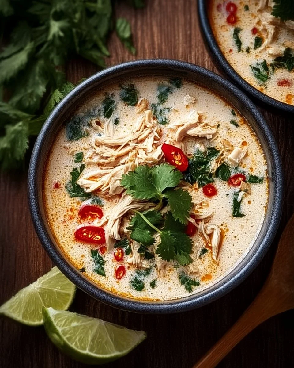 Crockpot Thai Coconut Chicken Soup served in a bowl with herbs and lime