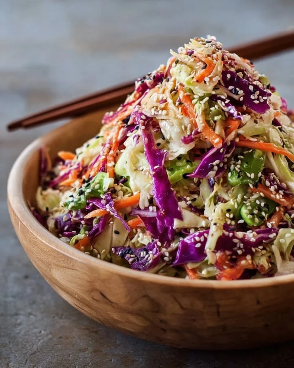 Crunchy Asian Cabbage Slaw with sesame dressing in a vibrant bowl