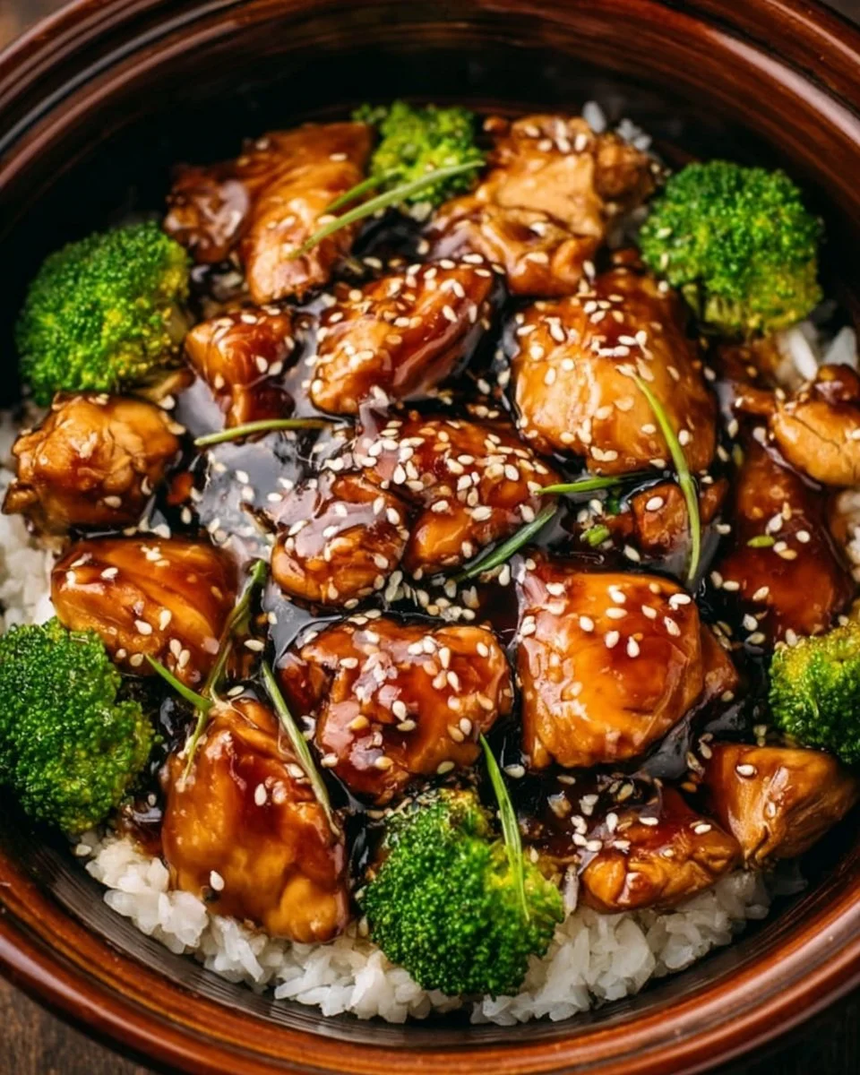 Crockpot Teriyaki Chicken in a bowl with rice and vegetables