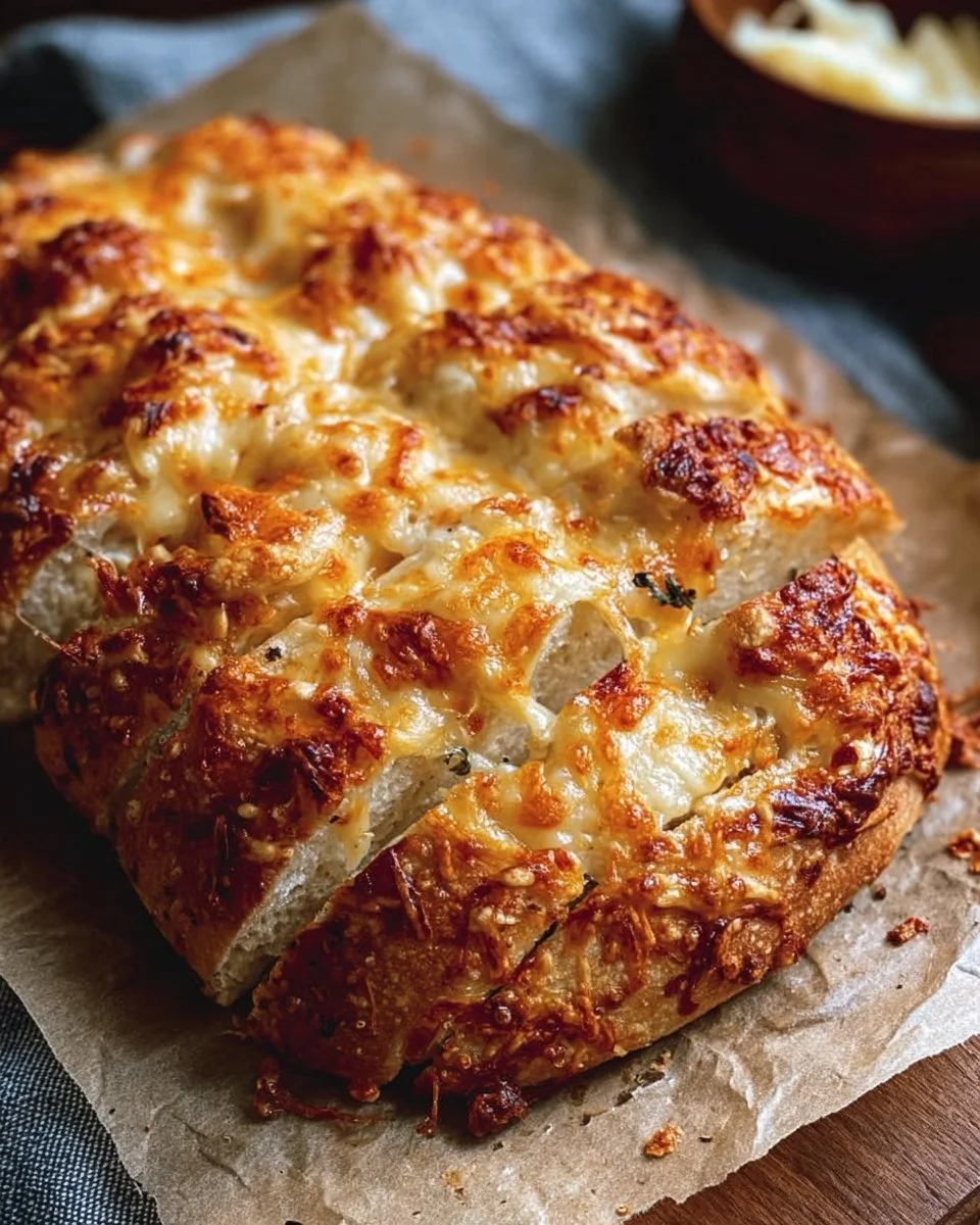 Delicious homemade easy cheesy bread with melted cheese