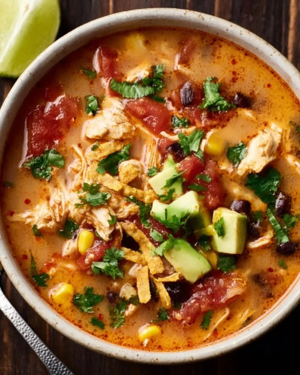 Bowl of easy chicken taco soup garnished with fresh cilantro and avocado