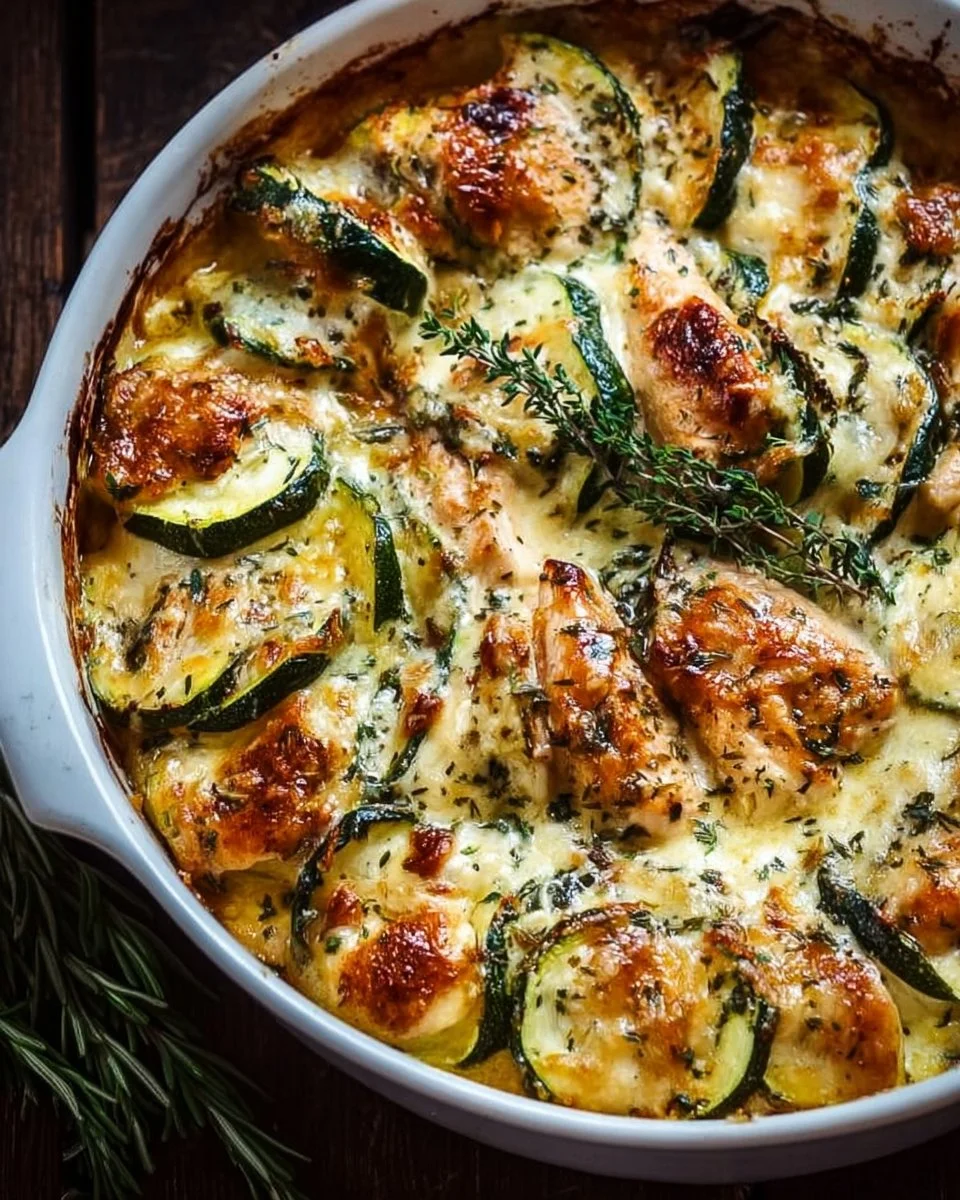 Delicious Easy Chicken Zucchini Bake recipe prepared in a casserole dish.