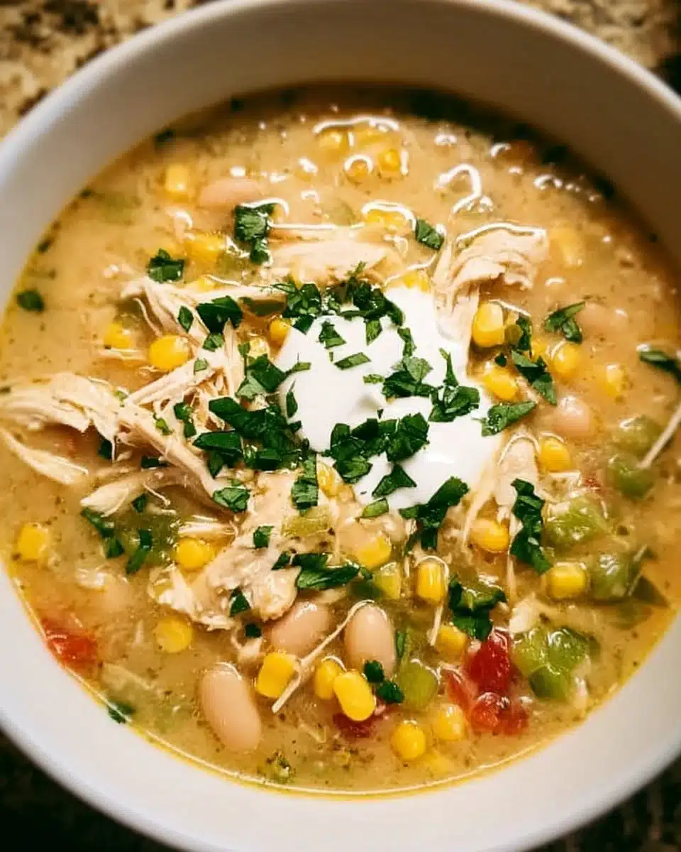 Bowl of easy Crockpot white chicken chili soup garnished with herbs