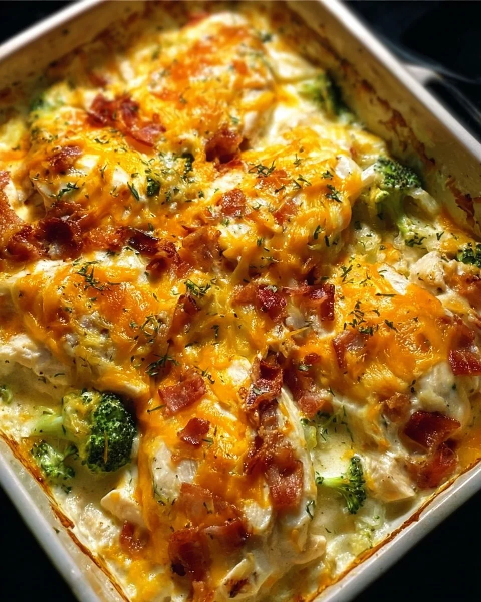 Easy low carb chicken casserole dish topped with cheese and vegetables.